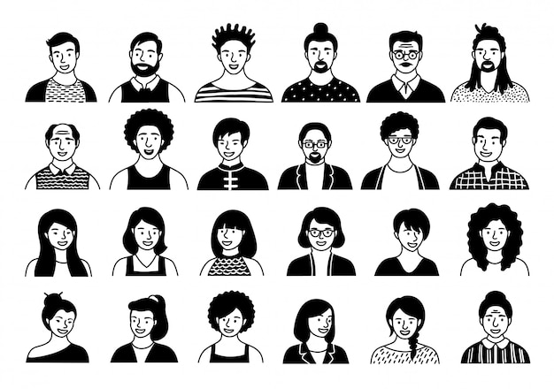 Hand drawn set of avatars, people heads of different ethnicity and age in flat style. Multi nationality people faces social network line icons   collection.