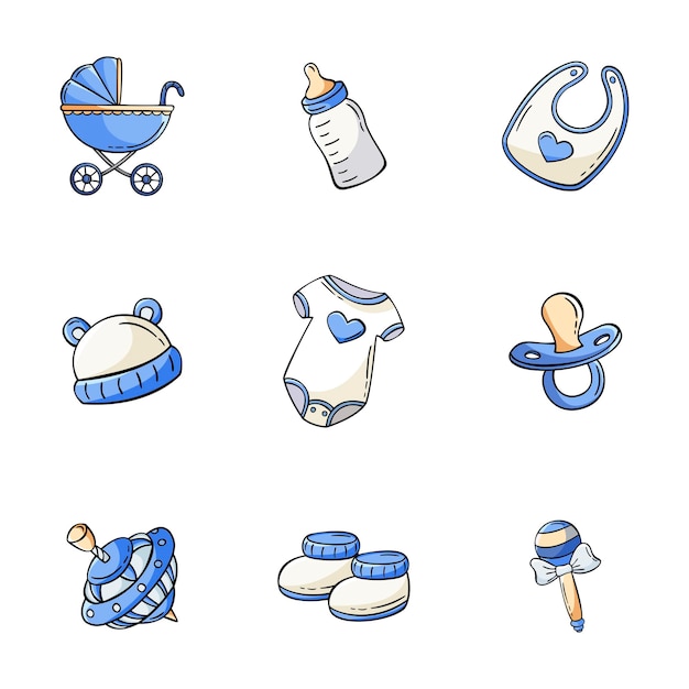 Hand drawn set of baby elements icons in doodle sketch style