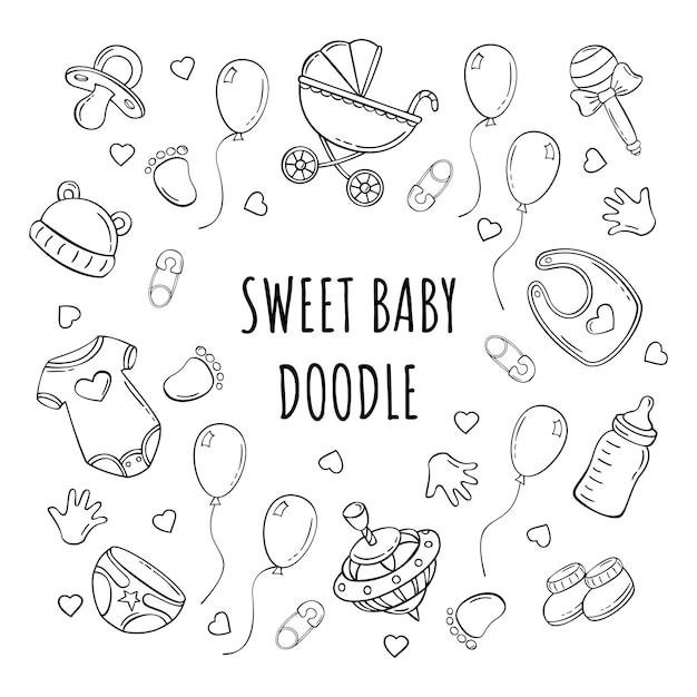 Hand drawn set of baby elements icons in doodle style