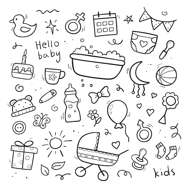 Vector hand drawn set baby and newborn doodle. sketch style. baby stroller, diaper, dummy, rattle, milk bottle, ball. vector illustration.