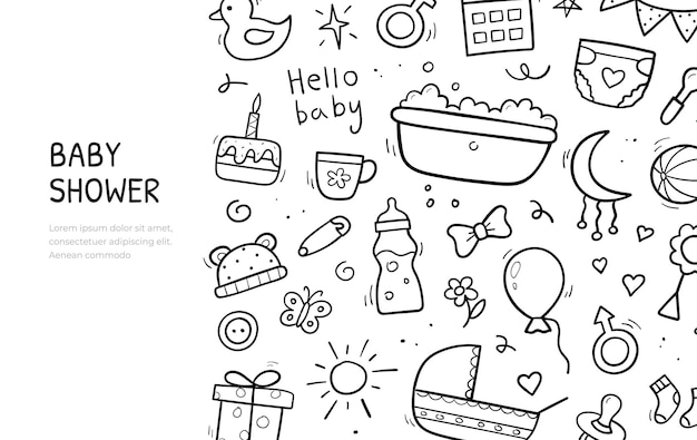 Hand drawn set baby and newborn doodle Sketch style Horizontal banner template Vector illustration