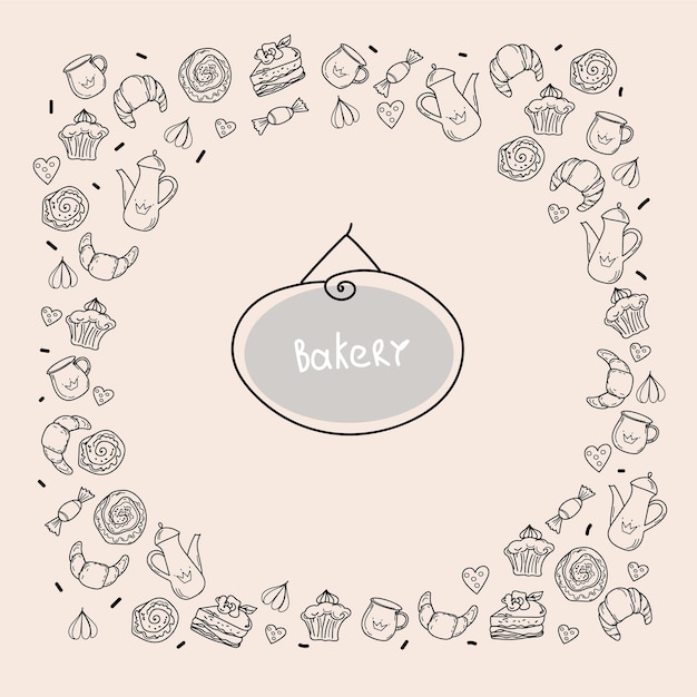 Hand drawn set of bakery and baking elements doodle sketch style design