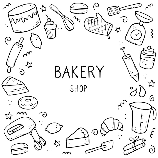 Vector hand drawn set of baking and cooking tools