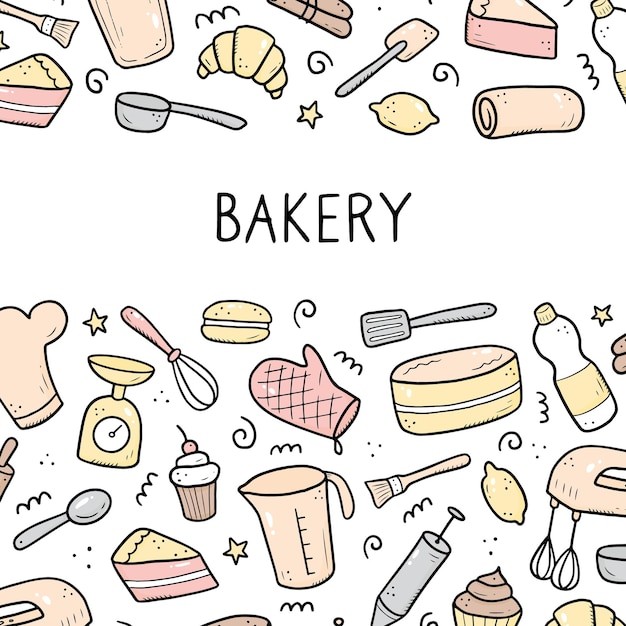 Vector hand drawn set of baking and cooking tools,