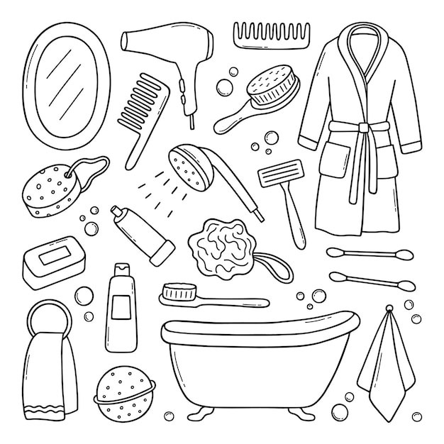 Set disegnato a mano di bagno doodle asciugamano accappatoio doccia specchio vasca da bagno in stile schizzo