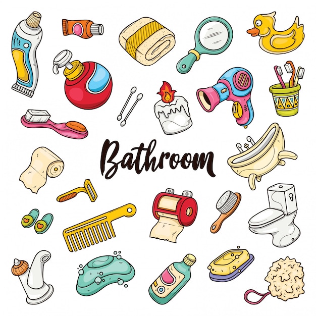 Hand drawn set of bathroom doodles in colors