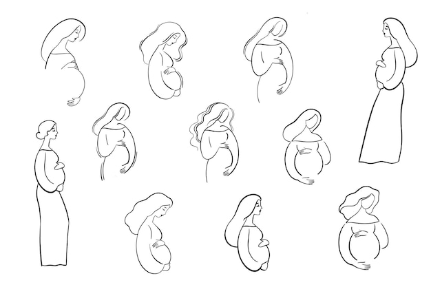 Hand drawn set of beautiful pregnant women elegant woman touching her pregnant belly