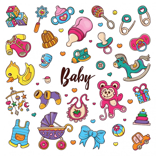 hand drawn set of beby gear doodles