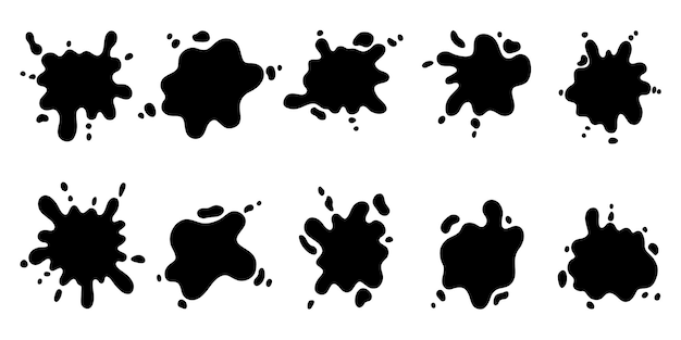 Hand drawn set of black paint splashes Different shapes of Paint splatter and drops ink blobs