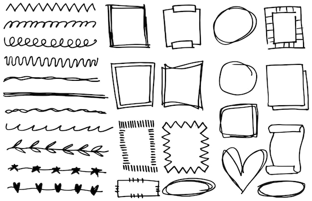 Hand drawn Set of black and white doodle rectangle frames