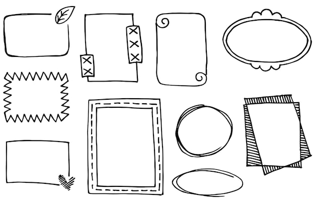 Vector hand drawn set of black and white doodle rectangle frames