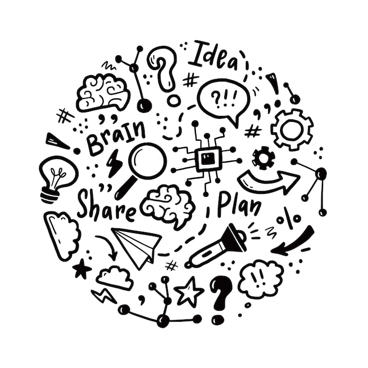 Vector hand drawn set of brainstorm, idea, brain elements