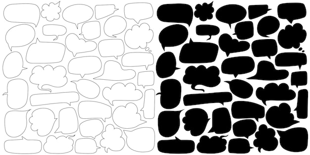 Hand drawn set of bubble speech line vector doodles and black silhouette conversation clouds sketch