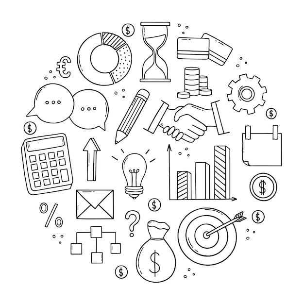 Hand drawn set of Business and finance doodle Diagrams money calendar handshake in sketch style