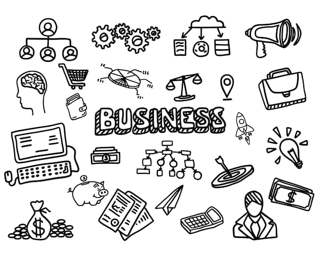 Hand drawn set of business and finance elements, coin, calculator, piggy, money. Comic doodle sketch style. Business element drawn by digital brush-pen. Vector illustration.