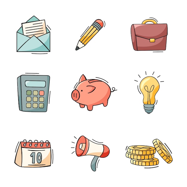 Hand drawn set of business and finance icons in doodle style