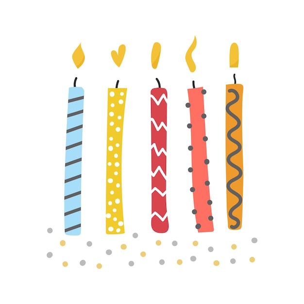 Insieme disegnato a mano di candele con fiamma illustrazione piatta carina celebrazione di auguri di compleanno