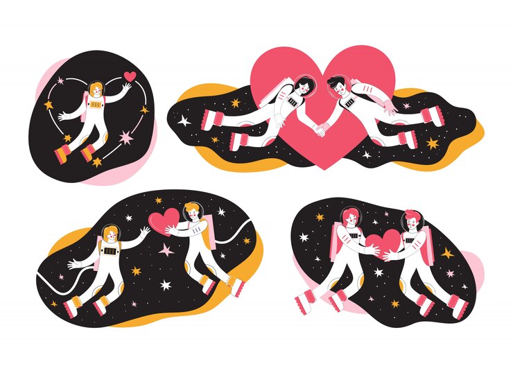 Vector hand drawn set cartoon characters astronauts in outer space. cosmonauts man and woman. loving couple is flying in space among the stars and hearts. cosmic love in the universe. happy valentine's day