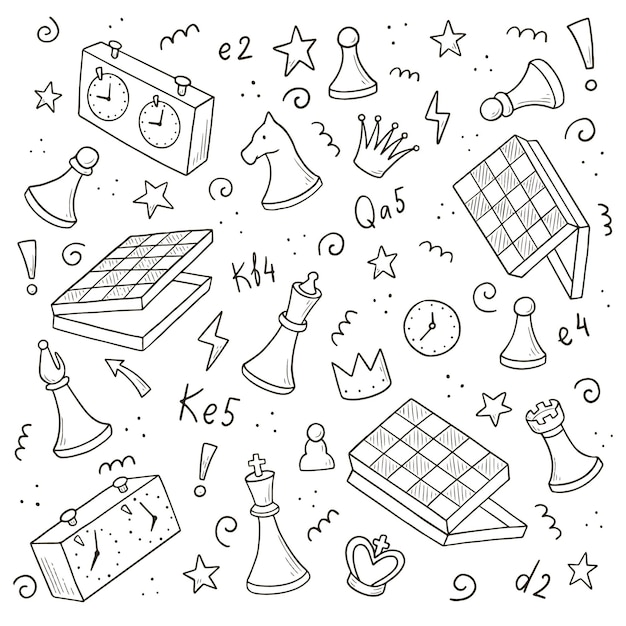 Hand drawn set of cartoon chess game elements. doodle sketch style.