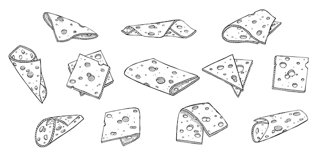 Hand drawn set of cheese parts and slices Cheese icon Vector cheese clipart