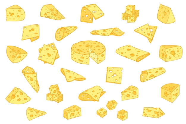 Hand drawn set of cheese parts and slices Cheese icon Vector cheese clipart