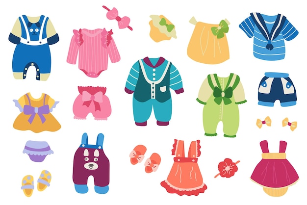 Hand-drawn set of children's clothes. White background, isolate. Vector illustration.