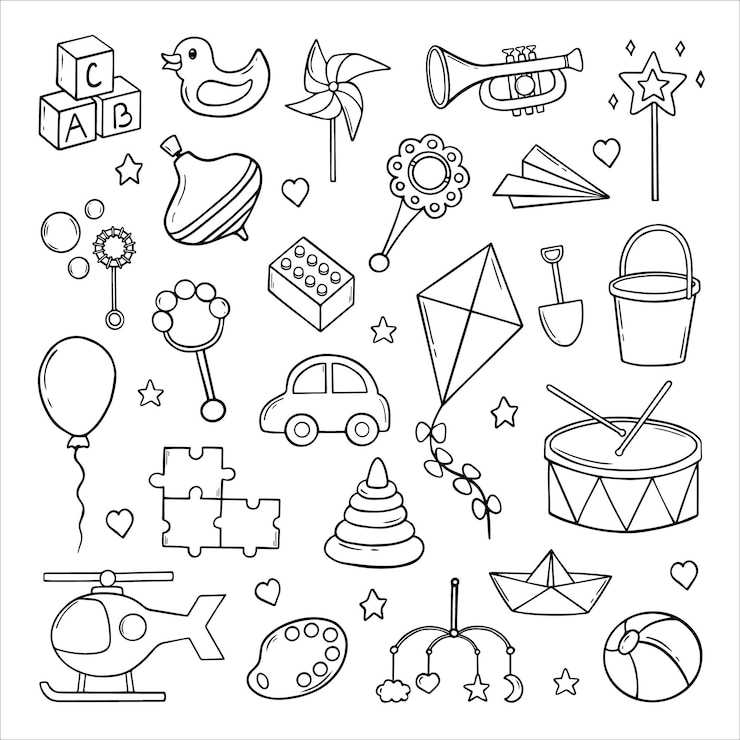Vector hand drawn set of children toys doodle.
