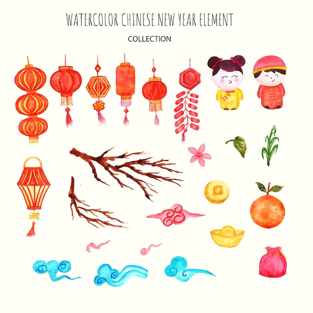 hand drawn set of chinese new year elements