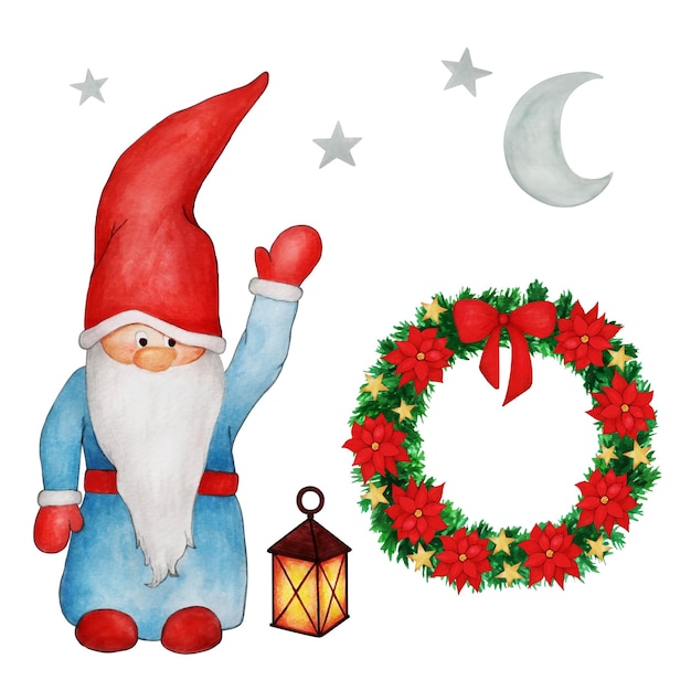 白い背景で隔離の星とクリスマスのノーム、花輪、ランタン、月の手描きのセット。装飾的なカラフルな水彩イラスト。