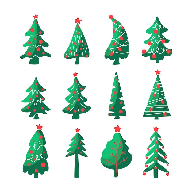 Ручной обращается набор рождественские символы деревьев, елей, сосен с гирляндами, звезды, лампочки на белом фоне. Векторная иллюстрация плоский. Дизайн для поздравительной открытки, приглашения, баннера.