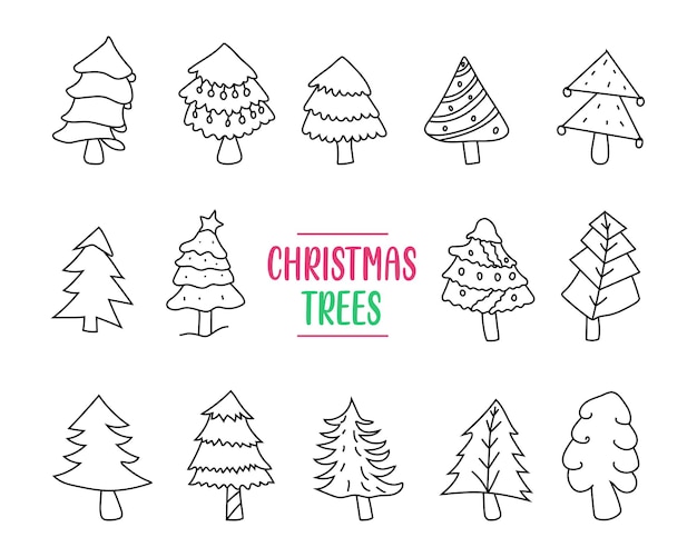 Hand drawn set of christmas trees. christmas tree doodle drawing. vector art illustration