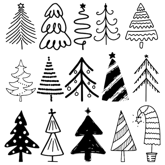 Hand drawn set of Christmas trees. Holidays background.