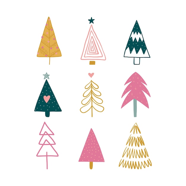 손으로 그린 크리스마스 트리 세트. 휴일 현대 배경입니다. 추상 낙서 드로잉 숲