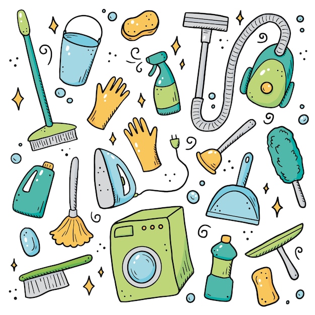 Hand drawn set of cleaning equipments, sponge, vacuum, spray, broom, bucket. comic doodle sketch style.