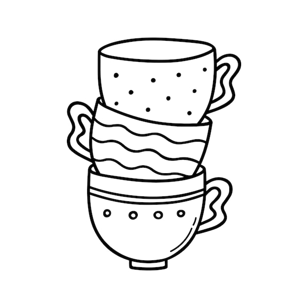 手描きのコーヒー カップやティー カップのセット落書きスケッチ スタイルでお茶の時間