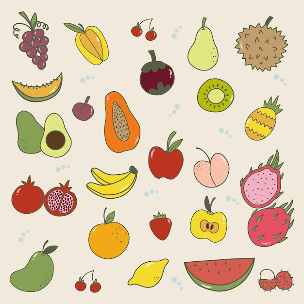 Hand drawn set of colorful fruit vector illustration