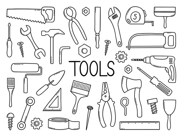 Hand drawn set of artist tools doodle. Art supplies in sketch