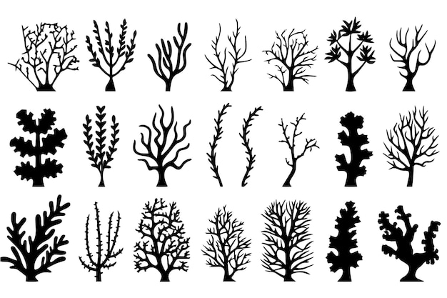 Vector hand drawn set of corals and seaweed silhouette isolated on white background vector icons and stamp