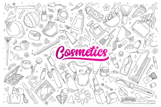 Hand drawn set of cosmetics doodles with lettering