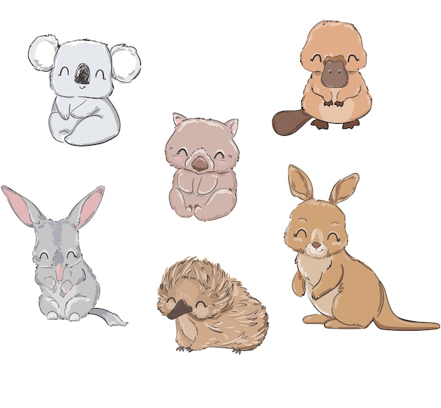 Vector hand drawn set of cute animals australia vector illustration kangaroo wombat koala bilby echidna