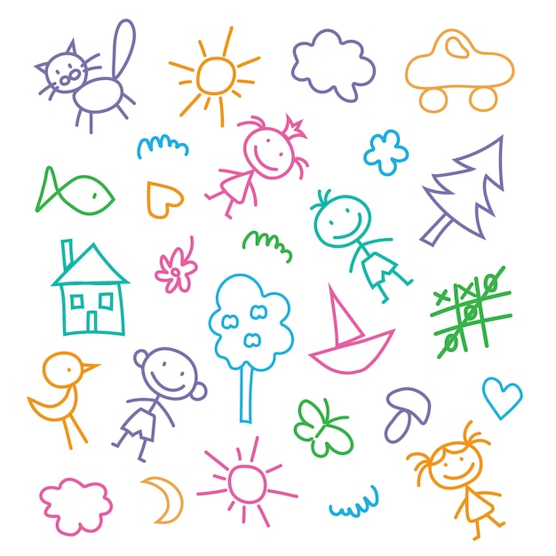 Hand drawn set of cute baby doodles Design idea for children's drawings Vector color illustration