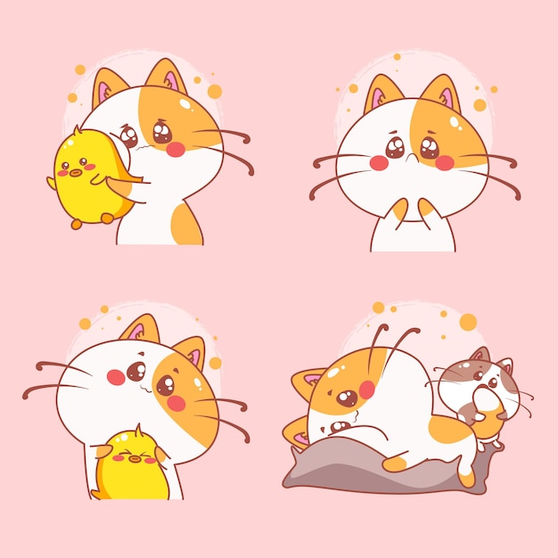 かわいい猫の手描きセットさまざまなジェスチャー漫画イラスト