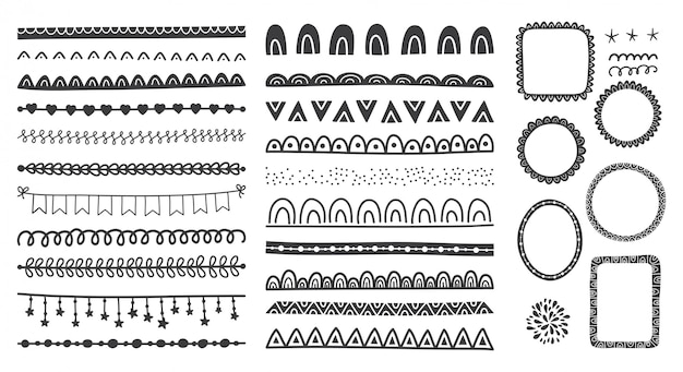 Hand drawn set of cute doodle frames, dividers, borders.