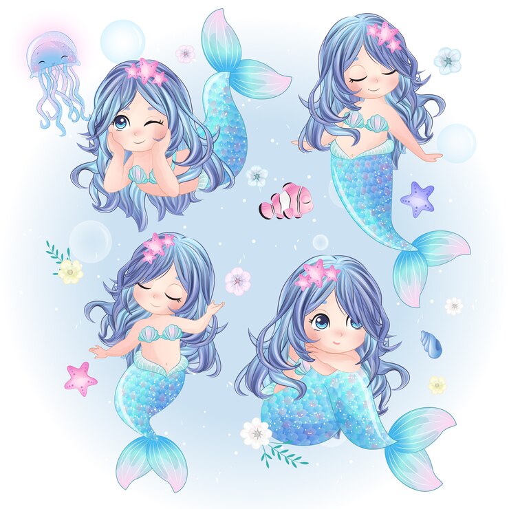 Hand drawn set of cute mermaid