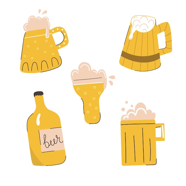 Insieme disegnato a mano di tazze di birra carine e moderne illustrazione piana