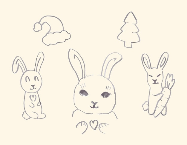 Hand drawn set of cute rabbits symbol of new year