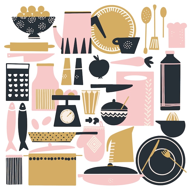 Vector hand drawn set of cute scandinavian kitchen things