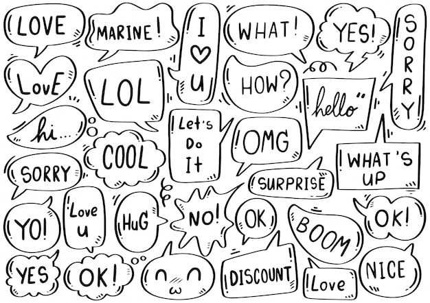 Hand drawn   Set of cute speech bubble with text in doodle style