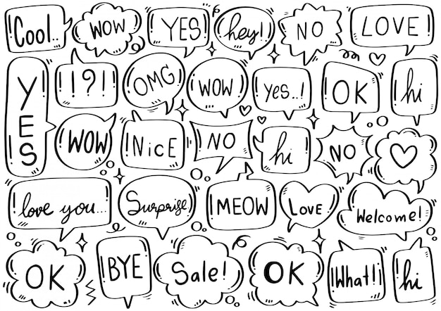 Hand drawn   set of cute speech bubble with text in doodle style