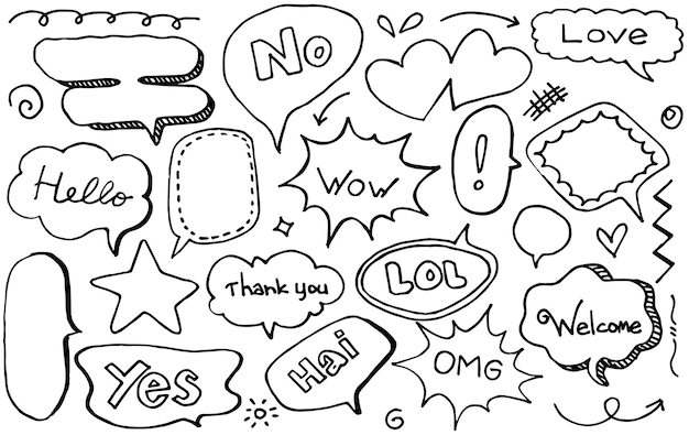 Vector hand drawn set of cute speech bubbles with text in doodle style vector illustration